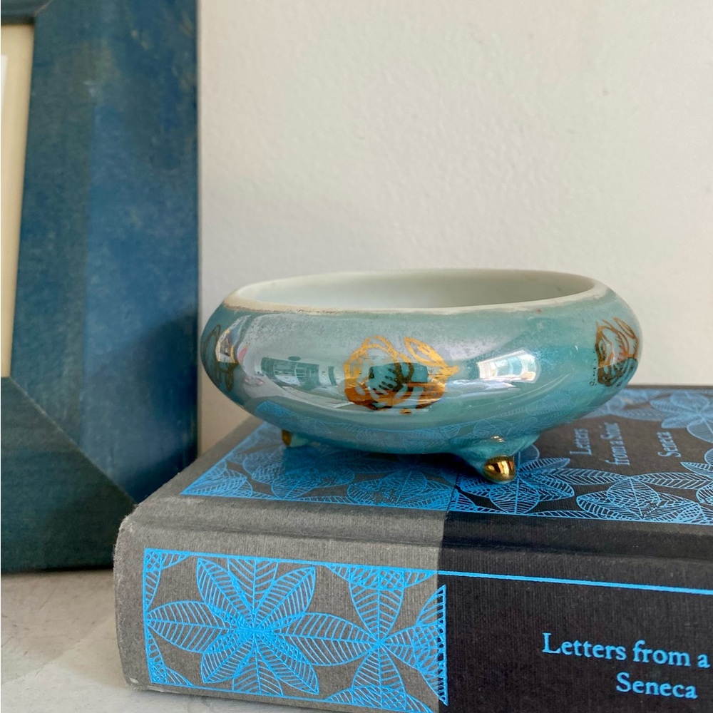 Vintage Blue Trinket/Ring Dish with Gold Detailing